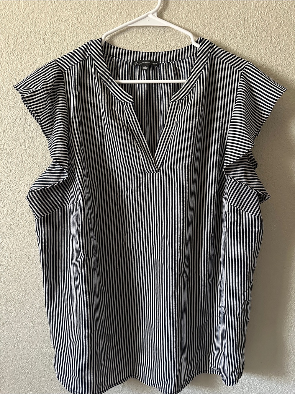 Adrianna Papell Black and White Vertical Stripe Ruffle Sleeve Blouse
